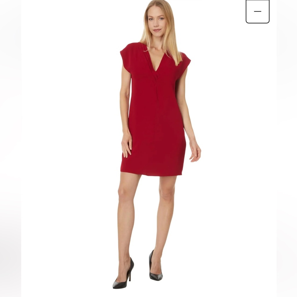 Trina Turk Zula Double Georgette Pleated V-Neck Cap Sleeve Shift Dress - Picture 2 of 14